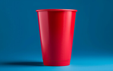 Red plastic disposable cup isolated on blue background. Generative Ai