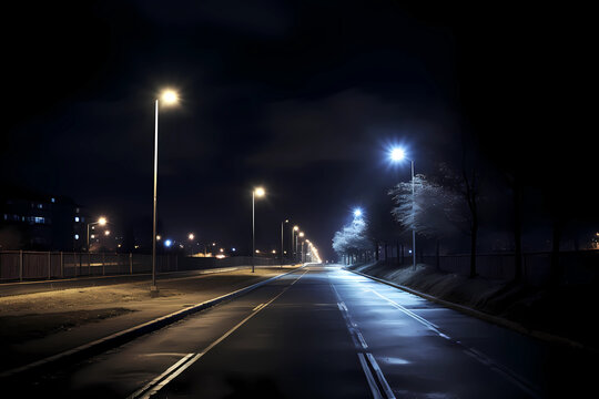 A solitary road stretches ahead, embraced by the depths of night, where darkness reigns supreme. Its only companions are the dim glow of street lamps  (Generative AI)