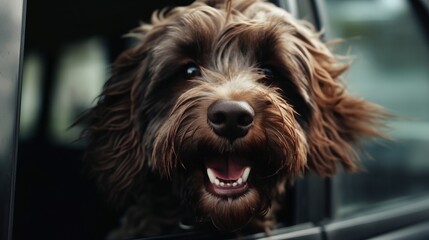 Dog enjoying from traveling by car. Dog looking through window on road. Created with Generative AI technology.