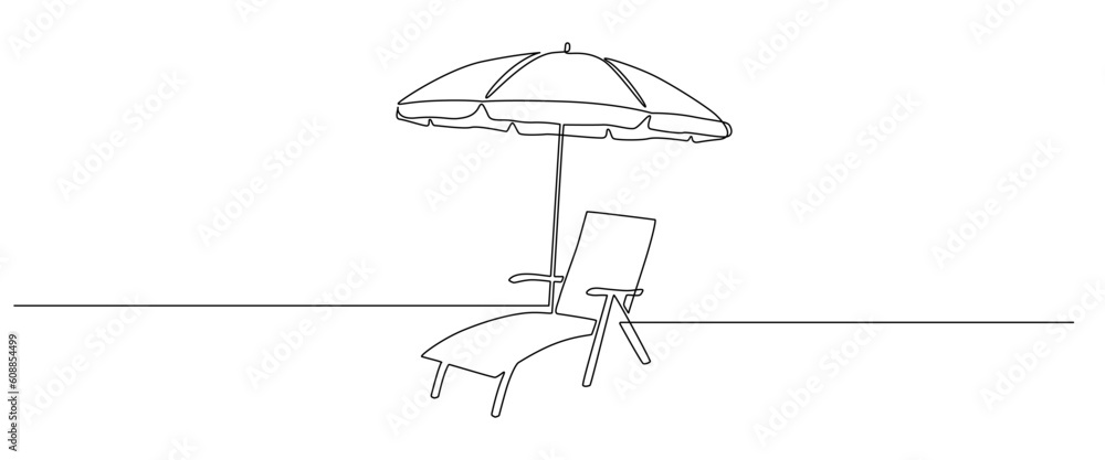 Poster one continuous line drawing of beach umbrella and chair. concept of summer vacation and travel in pa