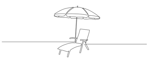 One continuous line drawing of beach umbrella and chair. Concept of summer vacation and travel in paradise island and sea in simple linear style. Editable stroke. Doodle vector illustration