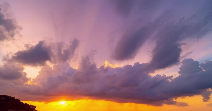 Dramatic colorful clouds background,Beautiful 4K Time lapse of Majestic sunset clouds sky landscape,Amazing light of nature cloudscape sunset or sunrise sky and Clouds moving away rolling over sea