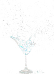 Blue Cocktail Glass with splashing water alcohol, Crystal Cocktail drink splatter splash in air and...