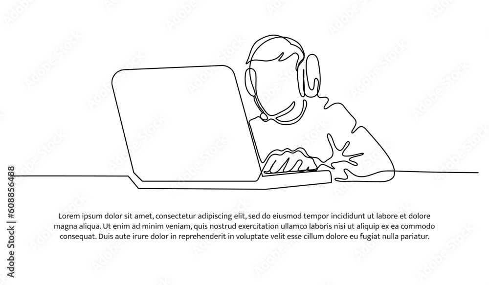 Poster continuous line design of man wearing headset working with laptop. decorative elements drawn on a wh