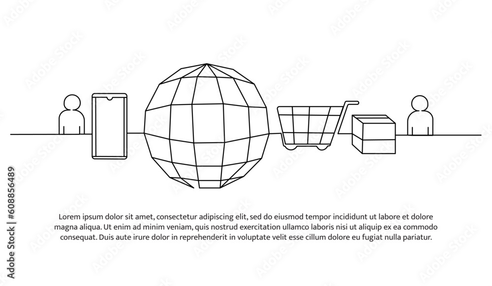 Poster continuous line design of global commerce. online shop design concept. decorative elements drawn on 