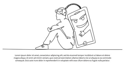 Continuous line design of influence of mobile phone on human brain. Decorative elements drawn on a white background.