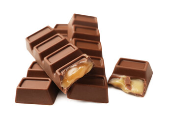 Tasty sweet chocolate bars on white table, space for text