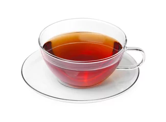 Sierkussen Glass cup of hot aromatic tea on white background © New Africa