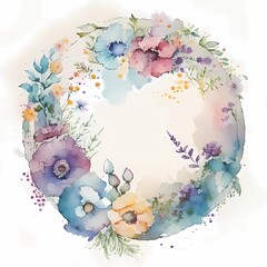 Flowers in circle on a white background, watercolour drawing. Generative AI.