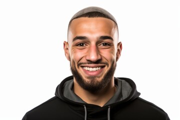Obraz premium Man with beard and hoodie smiling on white background, studio shot