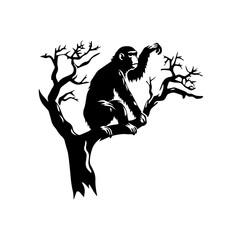 Monkey On A Tree Branch Logo Monochrome Design Style