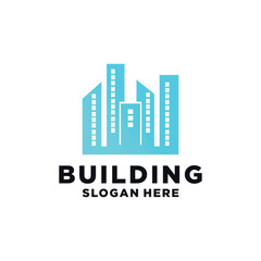 Real estate vector blue logo design for business visual identity, building, cityscape icon, house, architectural construction. geometric flat style