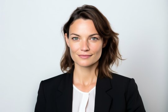 Headshot portrait photography of a satisfied woman in her 30s that is wearing a sleek suit against a white background . Generative AI
