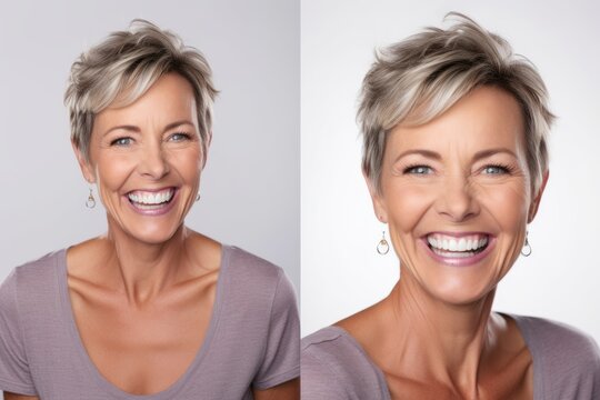 Portrait of beautiful mature woman before and after retouching.