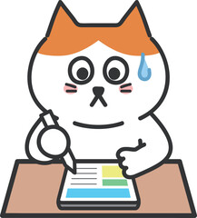 Orange tabby cartoon cat answering questions on the test timidly with sweat, vector illustration.