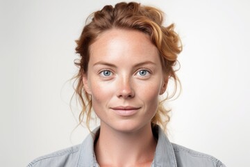 Portrait of a young woman with freckles on her face