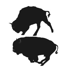 Two silhouette bison are running on white background