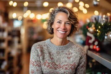Portrait of smiling woman standing in christmas decorations at shopping mall
