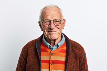 Portrait of a smiling senior man with glasses on a white background