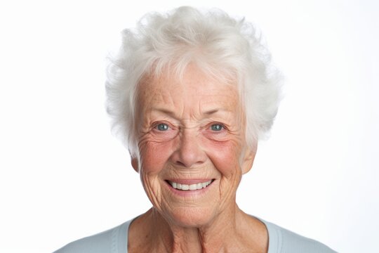 Portrait of a smiling senior woman on white background. Looking at camera
