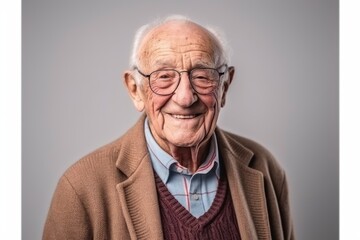 Portrait of a smiling senior man with glasses on a gray background