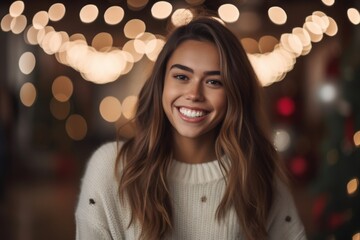 Portrait of beautiful young woman in sweater on blurred Christmas lights background