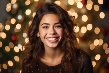 portrait of smiling young woman with christmas tree and lights in background
