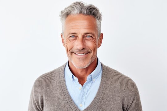 Medium shot portrait photography of a pleased man in his 50s that is wearing a chic cardigan against a white background . Generative AI