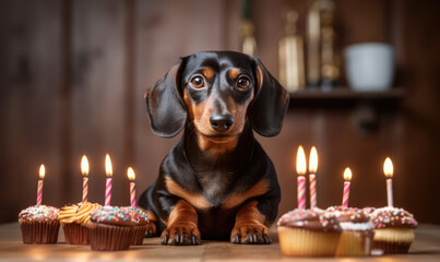 Happy birthday. Dachshund dog celebrating with cake and candles.