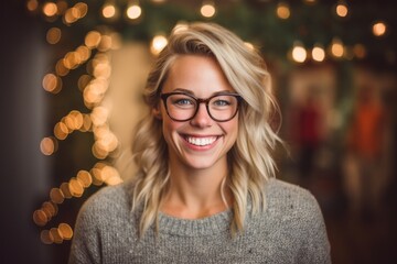 Portrait of smiling woman wearing eyeglasses against christmas lights