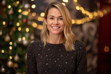 Portrait of a beautiful woman in front of a christmas tree