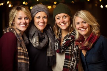 winter, holidays, celebration and people concept - group of smiling women in hats and scarfs over christmas lights background