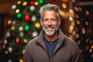 portrait of smiling senior man with christmas tree in the background