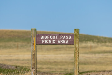 Sign indicating Bigfoot Pass Picnic Area in the Badlands National Park. 
