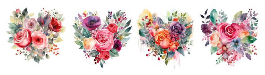 Fototapeta na wymiar Set watercolor bouquet with roses heart. collection garden pink flowers, leaves, branches, Botanic illustration isolated on white background. Generative Al 