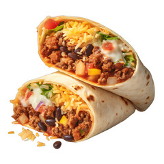 Two burritos filled with meat, cheese and vegetables on a transparent background png isolated Generative Ai - obrazy, fototapety, plakaty