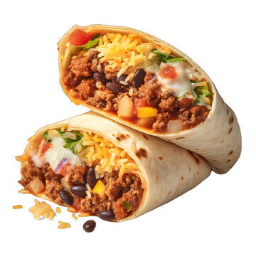 recommend clip art: Two burritos filled with meat, cheese and vegetables on a transparent background png isolated Generative Ai