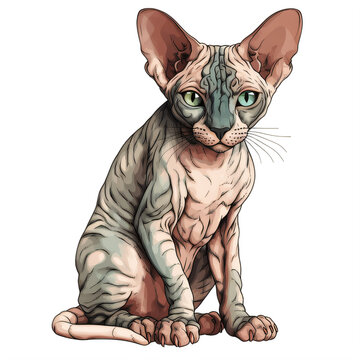 recommend clip art: A cartoon sphynx cat with green eyes sitting down on a transparent background png isolated Generative Ai