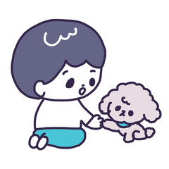 若い男性にお手をするかわいいトイプードルの子犬のイラスト（犬のしつけ/信頼関係）