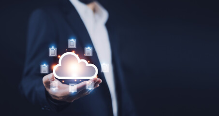 ERP document management, Documents management information system concept, Businessman using visual screen internet for Documents management information system and ERP program data directory in company © Suriyo