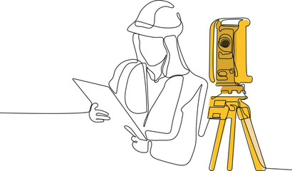 Close up of Caucasian worker with helmet on head using tablet for work while standing in warehouse. Surveyor with a tripod icon. Geodesic tripod. Vector illustration