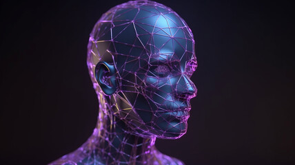 3D rendered classic sculpture human avatar with network of low-poly glowing purple lines.