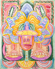 Symmetrical abstraction composition. Watercolor drawing. Mask of a fantastic image. Portrait of an alien creature.