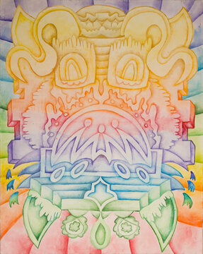 Symmetrical abstraction composition. Watercolor drawing. Mask of a fantastic image. Portrait of an alien creature.