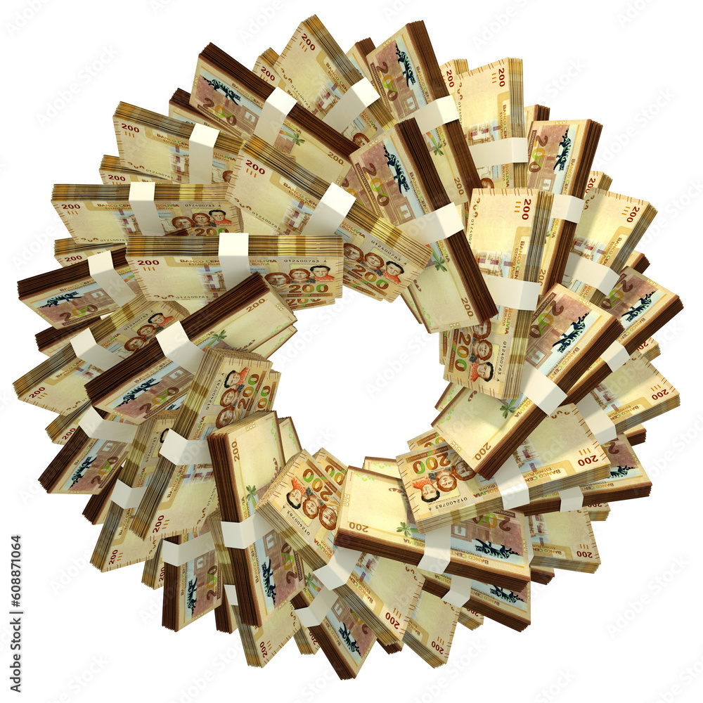 Poster 3d rendering of stacks of bolivian boliviano arranged in a circular pattern.