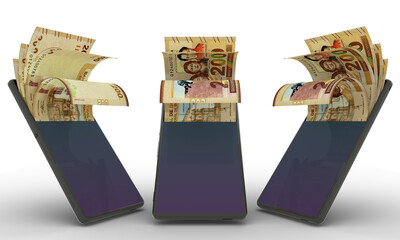 Bolivian boliviano notes inside a mobile phone. money coming out of mobile phone. 3d rendering of set of mobile money transaction concept. money from Phone