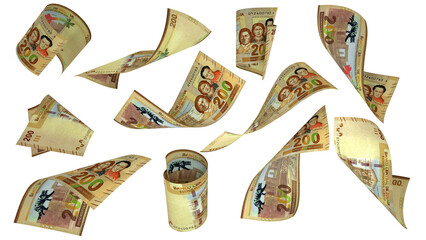 3D rendering of Bolivian boliviano notes flying in different angles and orientations isolated on white background