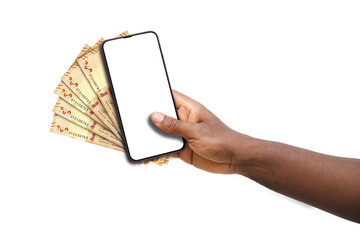 Black hand holding mobile phone with blank screen and Bolivian boliviano notes