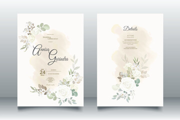 Floral wedding invitation template set with white flower and leaves decoration Premium Vector
