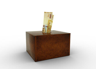 Bolivian boliviano notes inside wooden savings box. Generic savings Bank, Penny Bank, Money Box. 3d rendering

